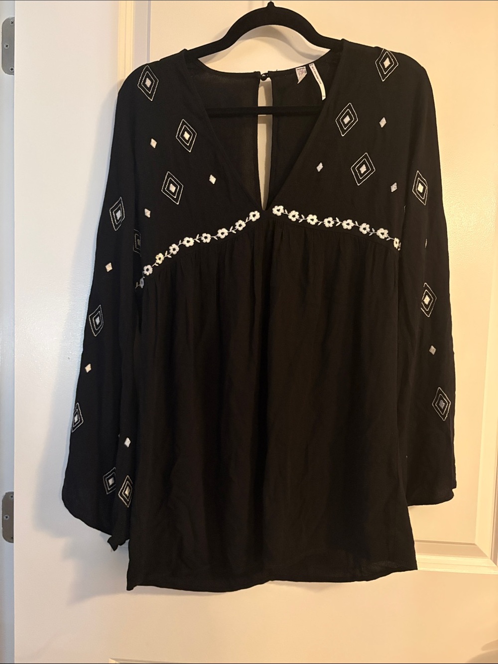 Free People Intimately Black Boho Embroidered V-Neck Tunic